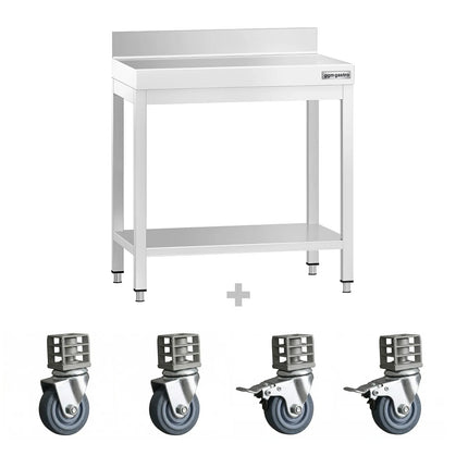GGM Gastro Commercial Stainless Steel Table with Upstand PREMIUM - 600x600mm - with Undershelf - with Rear Upstand - with Wheels