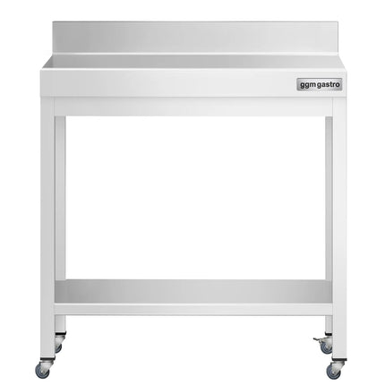 GGM Gastro Commercial Stainless Steel Table with Upstand PREMIUM - 600x600mm - with Undershelf - with Rear Upstand - with Wheels