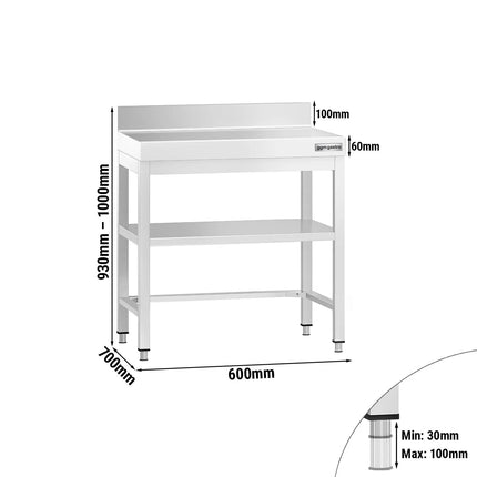 GGM Gastro Commercial Stainless Steel Table with Upstand PREMIUM - 600x700mm - with Undershelf - with Rear Upstand - with Cross Bracing