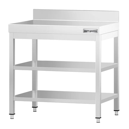 GGM Gastro Commercial Stainless Steel Table with Upstand PREMIUM - 600x700mm - with Undershelf - with Rear Upstand - with 2 Undershelves - with Additional Undershelf (mid-shelf) - with Cross Bracing
