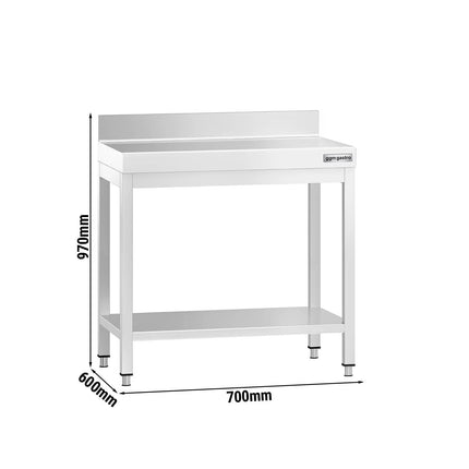 GGM Gastro Commercial Stainless Steel Table with Upstand PREMIUM - 700x600mm - with Undershelf - with Rear Upstand - with Additional Undershelf (mid-shelf)
