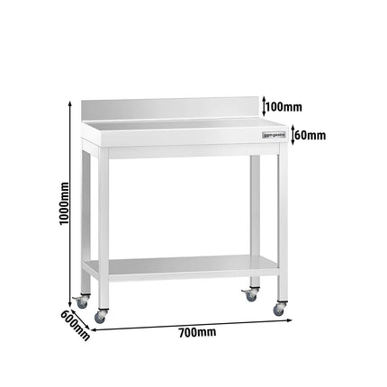 GGM Gastro Commercial Stainless Steel Table with Upstand PREMIUM - 700x600mm - with Undershelf - with Rear Upstand - with Cross Bracing