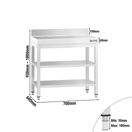 GGM Gastro Commercial Stainless Steel Table with Upstand PREMIUM - 700x600mm - with Undershelf - with Rear Upstand - with Additional Undershelf (mid-shelf)