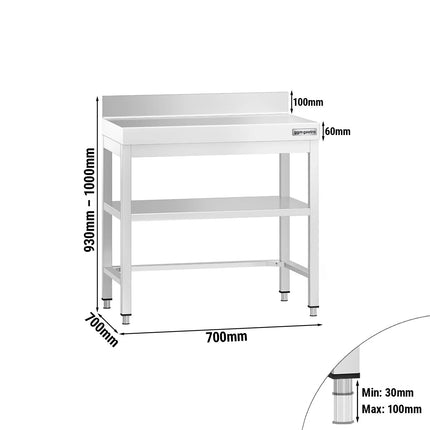 GGM Gastro Commercial Stainless Steel Table with Upstand PREMIUM - 700x700mm - with Undershelf - with Rear Upstand - with Cross Bracing