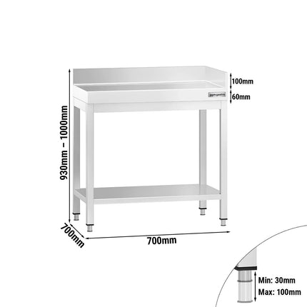 GGM Gastro Commercial Stainless Steel Table with Upstand PREMIUM - 700x700mm - with Undershelf - with Rear and Right-Hand Upstands - with Cross Bracing
