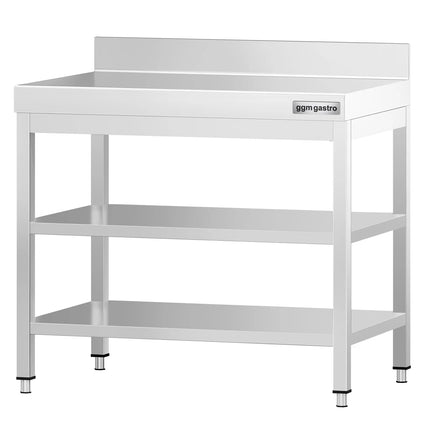 GGM Gastro Commercial Stainless Steel Table with Upstand PREMIUM - 700x700mm - with Undershelf - with Rear Upstand - with 2 Undershelves - with Cross Bracing