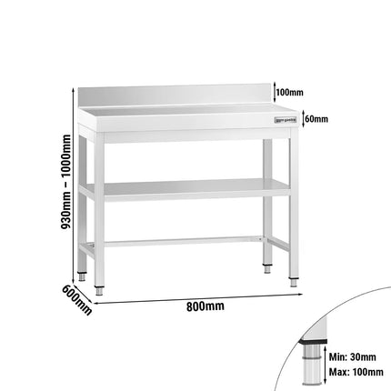 GGM Gastro Commercial Stainless Steel Table with Upstand PREMIUM - 800x600mm - with Undershelf - with Rear Upstand - with Cross Bracing