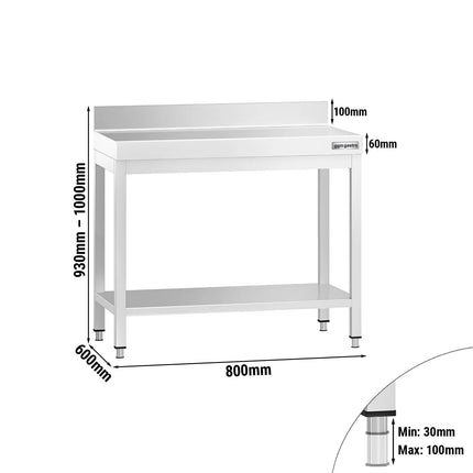GGM Gastro Commercial Stainless Steel Table with Upstand PREMIUM - 800x600mm - with Undershelf - with Rear Upstand - with Cross Bracing