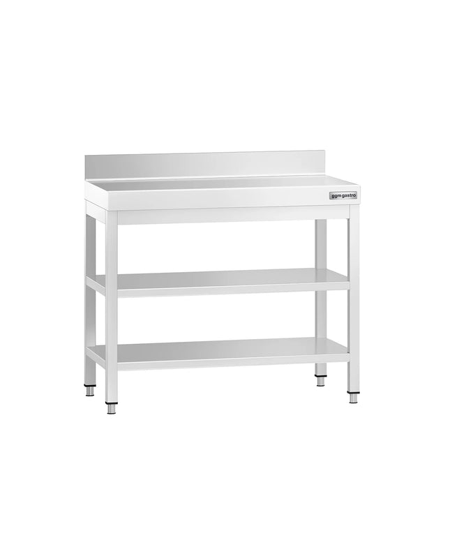 GGM Gastro Commercial Stainless Steel Table with Upstand PREMIUM - 800x700mm - with Undershelf - with Rear Upstand - with 2 Undershelves - with Additional Undershelf (mid-shelf) - with Cross Bracing
