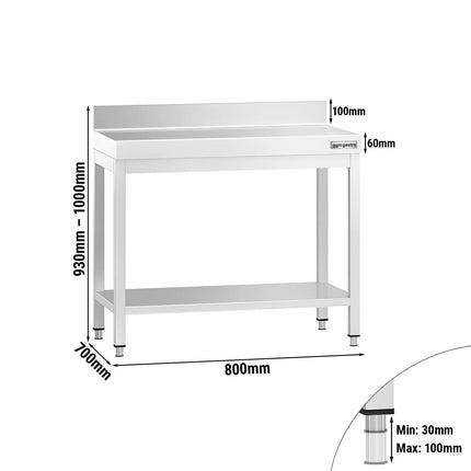 GGM Gastro Commercial Stainless Steel Table with Upstand PREMIUM - 800x700mm - with Undershelf - with Rear Upstand - with Cross Bracing