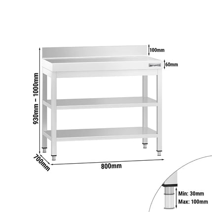 GGM Gastro Commercial Stainless Steel Table with Upstand PREMIUM - 800x700mm - with Undershelf - with Rear Upstand - with 2 Undershelves - with Additional Undershelf (mid-shelf) - with Cross Bracing