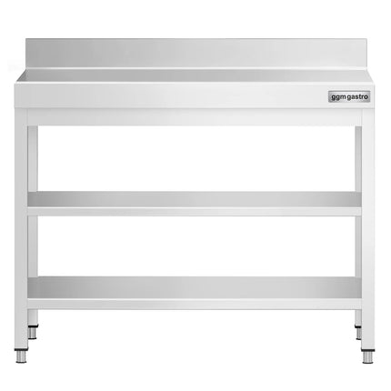 GGM Gastro Commercial Stainless Steel Table with Upstand PREMIUM - 800x700mm - with Undershelf - with Rear Upstand - with 2 Undershelves - with Additional Undershelf (mid-shelf) - with Cross Bracing