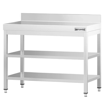 GGM Gastro Commercial Stainless Steel Table with Upstand PREMIUM - 800x700mm - with Undershelf - with Rear Upstand - with 2 Undershelves - with Additional Undershelf (mid-shelf) - with Cross Bracing