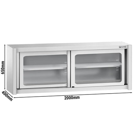 GGM Gastro Commercial Stainless Steel Wall Cabinet / Kitchen Cupboard - 2000x400x650mm - with Glass Sliding Doors