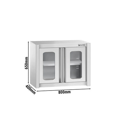 GGM Gastro Commercial Stainless Steel Wall Cabinet / Kitchen Cupboard - 800x400x650mm - with Glass Hinged Doors