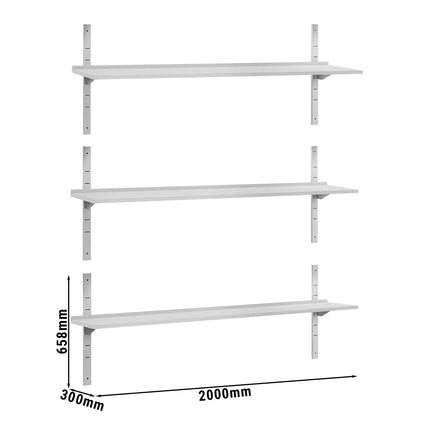 GGM Gastro Commercial Stainless Steel Wall Shelf ECO - 2000x300mm - 3 Tiers