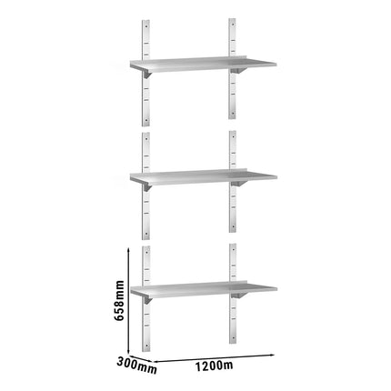GGM Gastro Commercial Stainless Steel Wall Shelf PREMIUM - 1200x300mm - 3 Tiers