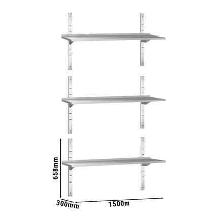 GGM Gastro Commercial Stainless Steel Wall Shelf PREMIUM - 1500x300mm - 3 Tiers