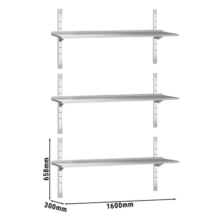 GGM Gastro Commercial Stainless Steel Wall Shelf PREMIUM - 1600x300mm - 3 Tiers
