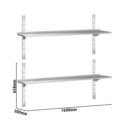 GGM Gastro Commercial Stainless Steel Wall Shelf PREMIUM - 1600x300mm - with 2 Tiers