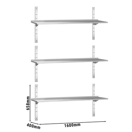 GGM Gastro Commercial Stainless Steel Wall Shelf PREMIUM - 1600x400mm - 3 Tiers