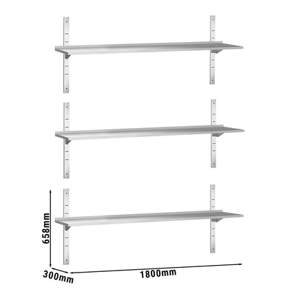 GGM Gastro Commercial Stainless Steel Wall Shelf PREMIUM - 1800x300mm - 3 Tiers