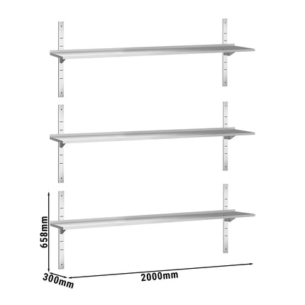 GGM Gastro Commercial Stainless Steel Wall Shelf PREMIUM - 2000x300mm - 3 Tiers