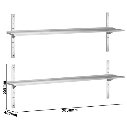 GGM Gastro Commercial Stainless Steel Wall Shelf PREMIUM - 2000x400mm - 2 Tiers