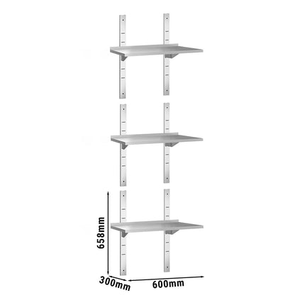 GGM Gastro Commercial Stainless Steel Wall Shelf PREMIUM - 600x300mm - 3 Tiers