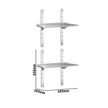 GGM Gastro Commercial Stainless Steel Wall Shelf PREMIUM - 600x300mm - with 2 Tiers