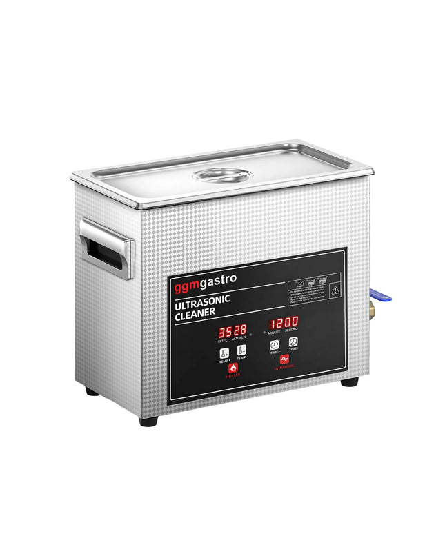 GGM Gastro Commercial Ultrasonic Cleaner - 6.5L - 180W Ultrasonic Power - 40kHz - Digital - with Heater - Degas - with Drain Tap