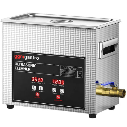 GGM Gastro Commercial Ultrasonic Cleaner - 6.5L - 180W Ultrasonic Power - 40kHz - Digital - with Heater - Degas - with Drain Tap