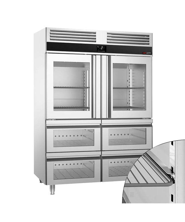 GGM Gastro Commercial Upright Display Fridge Stainless steel PREMIUM - GN 2/1 - 1400L - with 2 glass doors & 4 drawers