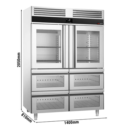 GGM Gastro Commercial Upright Display Fridge Stainless steel PREMIUM - GN 2/1 - 1400L - with 2 glass doors & 4 drawers