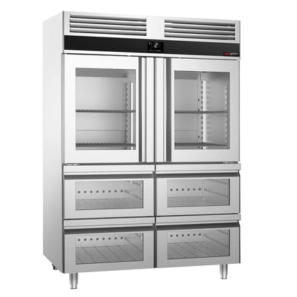 GGM Gastro Commercial Upright Display Fridge Stainless steel PREMIUM - GN 2/1 - 1400L - with 2 glass doors & 4 drawers
