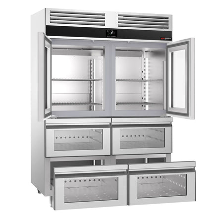 GGM Gastro Commercial Upright Display Fridge Stainless steel PREMIUM - GN 2/1 - 1400L - with 2 glass doors & 4 drawers