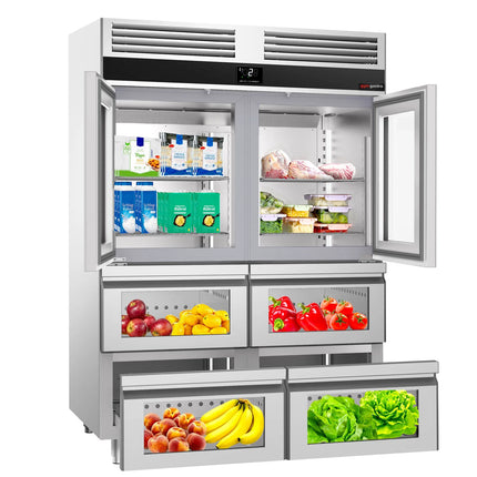GGM Gastro Commercial Upright Display Fridge Stainless steel PREMIUM - GN 2/1 - 1400L - with 2 glass doors & 4 drawers