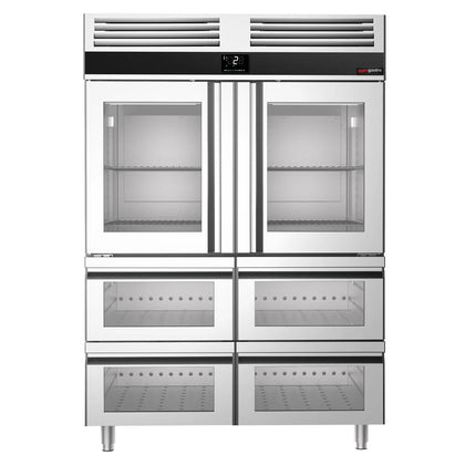 GGM Gastro Commercial Upright Display Fridge Stainless steel PREMIUM - GN 2/1 - 1400L - with 2 glass doors & 4 drawers