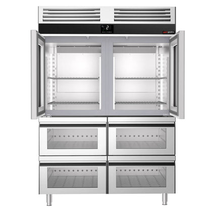 GGM Gastro Commercial Upright Display Fridge Stainless steel PREMIUM - GN 2/1 - 1400L - with 2 glass doors & 4 drawers