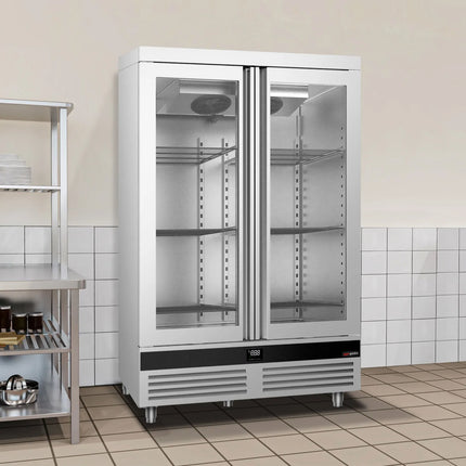 GGM Gastro Commercial Upright Display Fridge Stainless steel PREMIUM - GN 2/1 - 1400L - with 2 glass doors