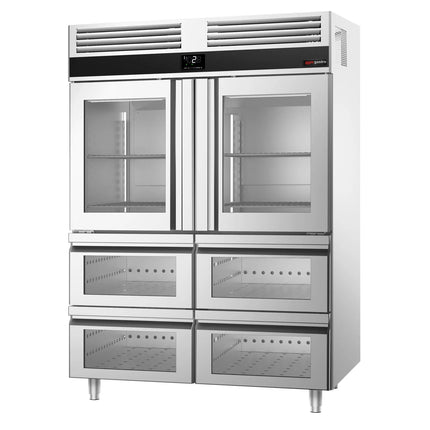 GGM Gastro Commercial Upright Display Fridge Stainless steel PREMIUM - GN 2/1 - 1400L - with 2 glass doors & 4 drawers