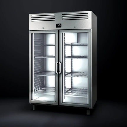 GGM Gastro Commercial Upright Display Fridge Stainless steel PREMIUM PLUS - GN 2/1 - 1240L - with 2 glass doors