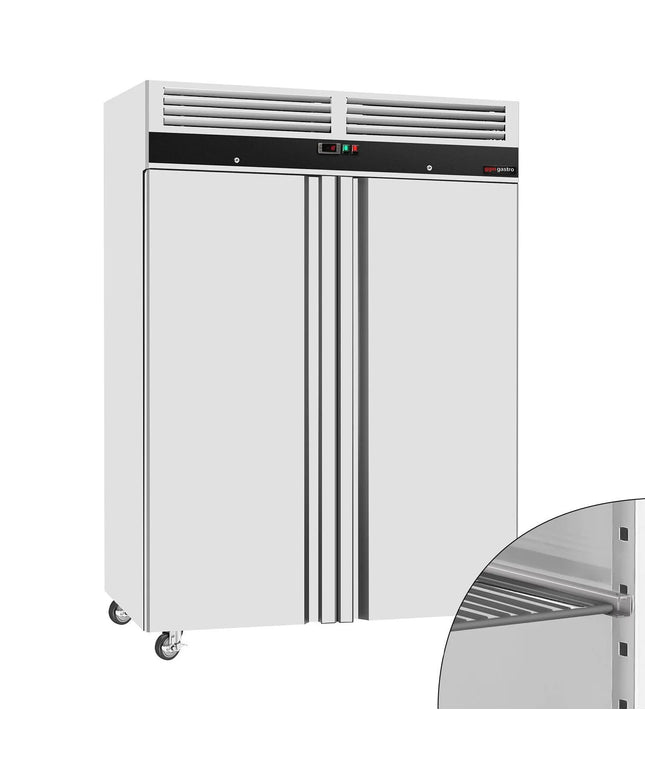 GGM Gastro Commercial Upright Freezer Stainless steel ECO - 1200L - with 2 doors & Support grids & Stainless steel rails - On castors