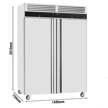 GGM Gastro Commercial Upright Freezer Stainless steel ECO - 1200L - with 2 doors & Support grids & Stainless steel rails - On castors