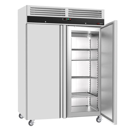 GGM Gastro Commercial Upright Freezer Stainless steel ECO - 1200L - with 2 doors & Support grids & Stainless steel rails - On castors