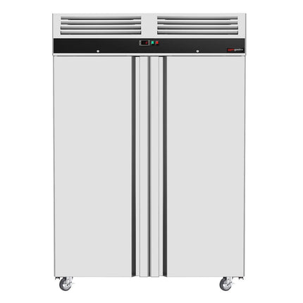 GGM Gastro Commercial Upright Freezer Stainless steel ECO - 1200L - with 2 doors & Support grids & Stainless steel rails - On castors