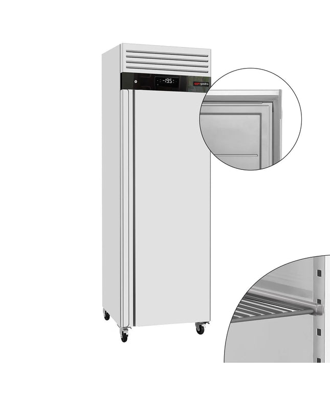 GGM Gastro Commercial Upright Freezer Stainless steel ECO - 600L - with 1 door & Stainless steel rails & support grids - On castors