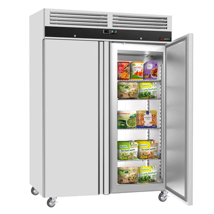 GGM Gastro Commercial Upright Freezer Stainless steel ECO - GN 2/1 - 1400L - with 2 doors & Rails & support grids - On castors