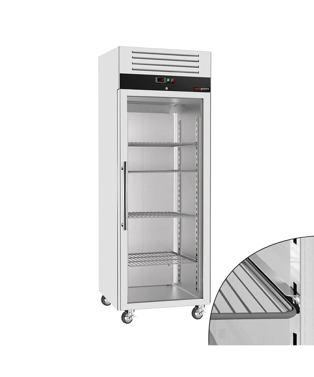 GGM Gastro Commercial Upright Freezer Stainless steel ECO - GN 2/1 - 700L - with 1 glass door & Support grids & stainless steel rails - On castors