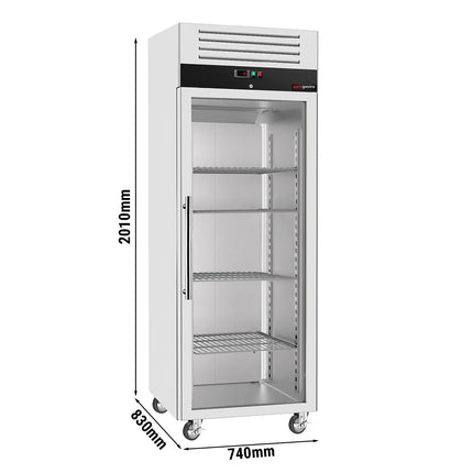 GGM Gastro Commercial Upright Freezer Stainless steel ECO - GN 2/1 - 700L - with 1 glass door & Support grids & stainless steel rails - On castors